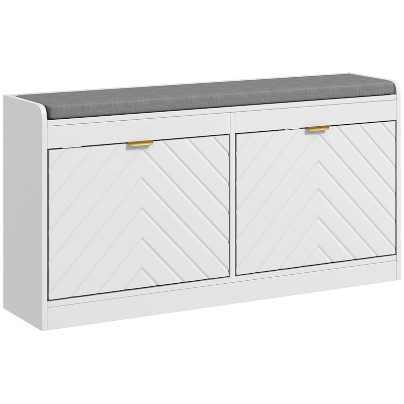 Entryway Storage Bench with 2 Flip-Down Shoe Drawers, Padded Cushion & Gold Handles
