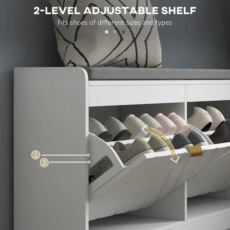 Entryway Storage Bench with 2 Flip-Down Shoe Drawers, Padded Cushion & Gold Handles