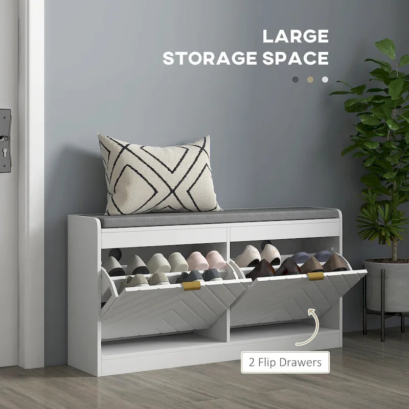 Entryway Storage Bench with 2 Flip-Down Shoe Drawers, Padded Cushion & Gold Handles