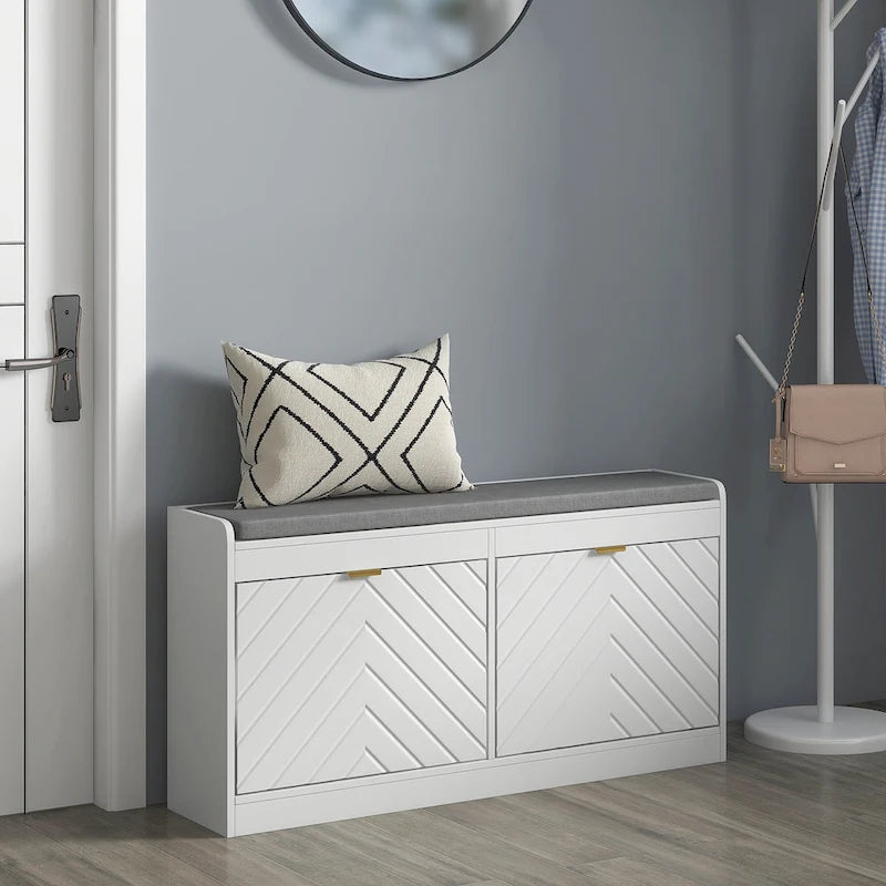 Entryway Storage Bench with 2 Flip-Down Shoe Drawers, Padded Cushion & Gold Handles