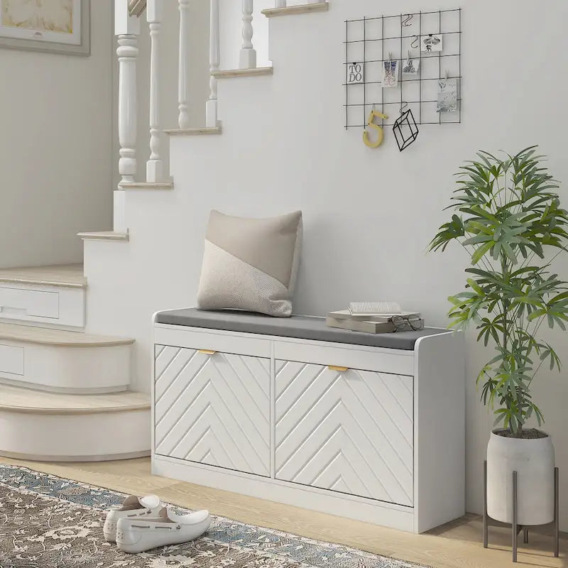 Entryway Storage Bench with 2 Flip-Down Shoe Drawers, Padded Cushion & Gold Handles