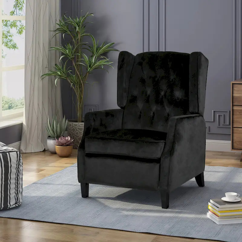 Mid-Century Wingback Push-Back Recliner with Button-Tufted Velvet Upholstery & Footrest