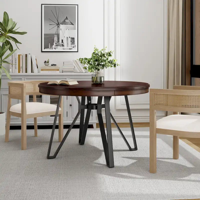 46.5" Round Dining Table with Metal Base – Warm Veneer Finish