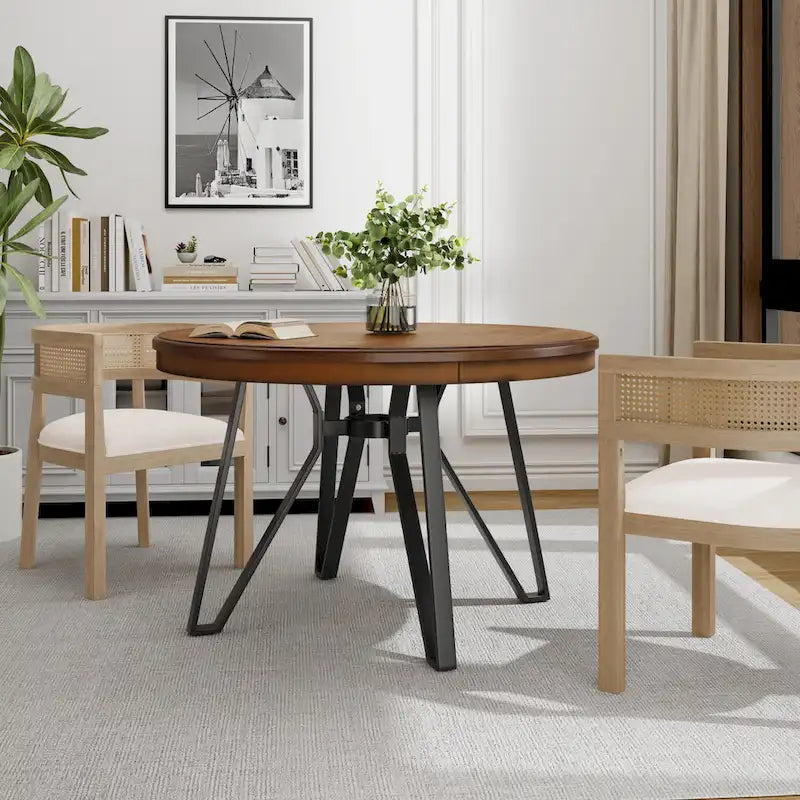 46.5" Round Dining Table with Metal Base – Warm Veneer Finish