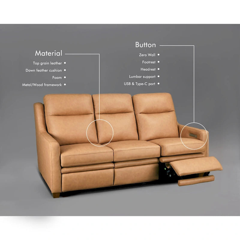 Power Reclining 3-Seat Sofa with Adjustable Headrest, Lumbar Support & USB Charging Ports