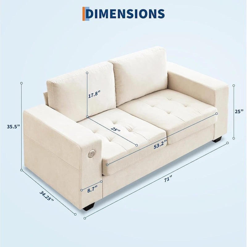 70-Zoll-Zweisitzer-Sofa aus Chenille mit USB- und Type-C-Ladefunktion, Aufbewahrungstaschen und abnehmbarem Bezug