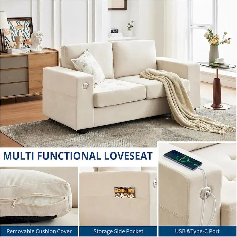 70-Zoll-Zweisitzer-Sofa aus Chenille mit USB- und Type-C-Ladefunktion, Aufbewahrungstaschen und abnehmbarem Bezug
