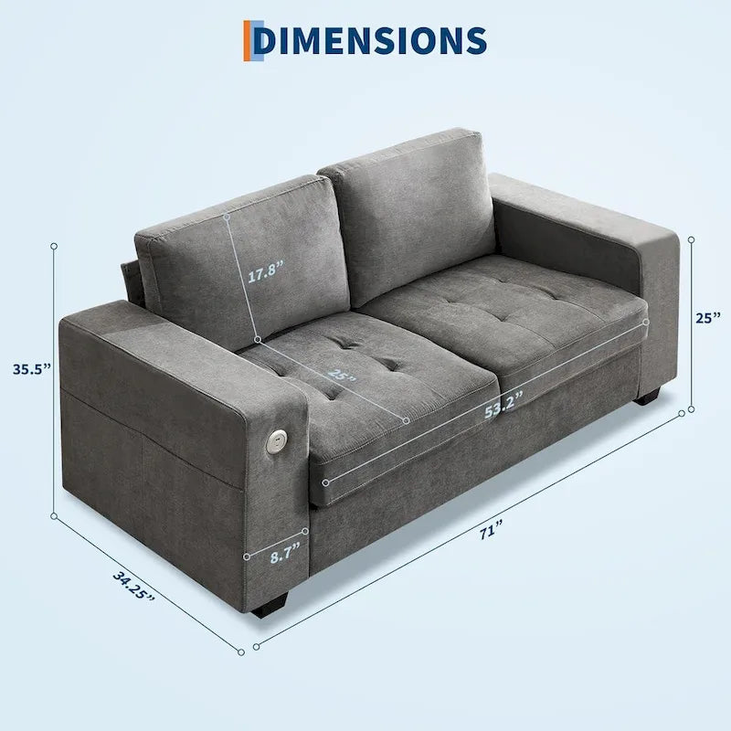 70-Zoll-Zweisitzer-Sofa aus Chenille mit USB- und Type-C-Ladefunktion, Aufbewahrungstaschen und abnehmbarem Bezug