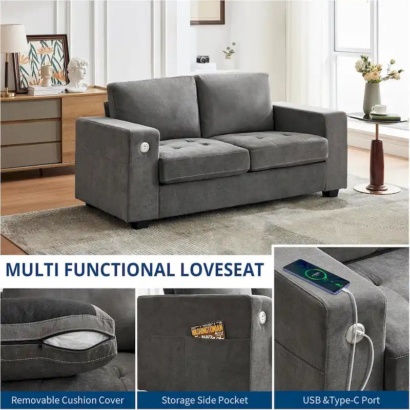 70-Zoll-Zweisitzer-Sofa aus Chenille mit USB- und Type-C-Ladefunktion, Aufbewahrungstaschen und abnehmbarem Bezug