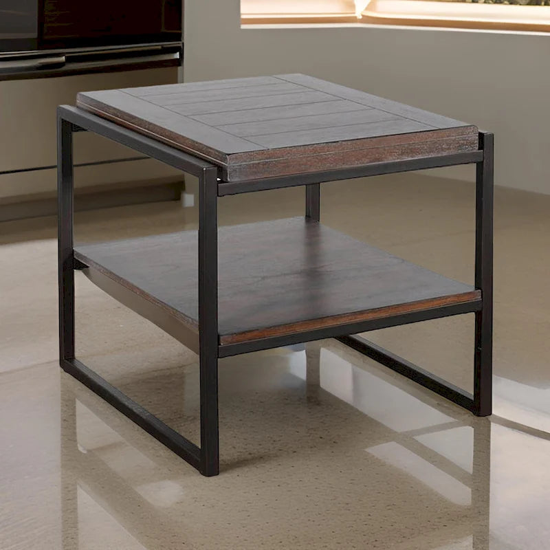 Lery End Table, Dark Brown Wood, Black Metal, Bottom Shelf, 24 Inch