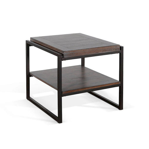 24-Inch Wood & Black Metal End Table with Lower Shelf, Dark Brown Finish