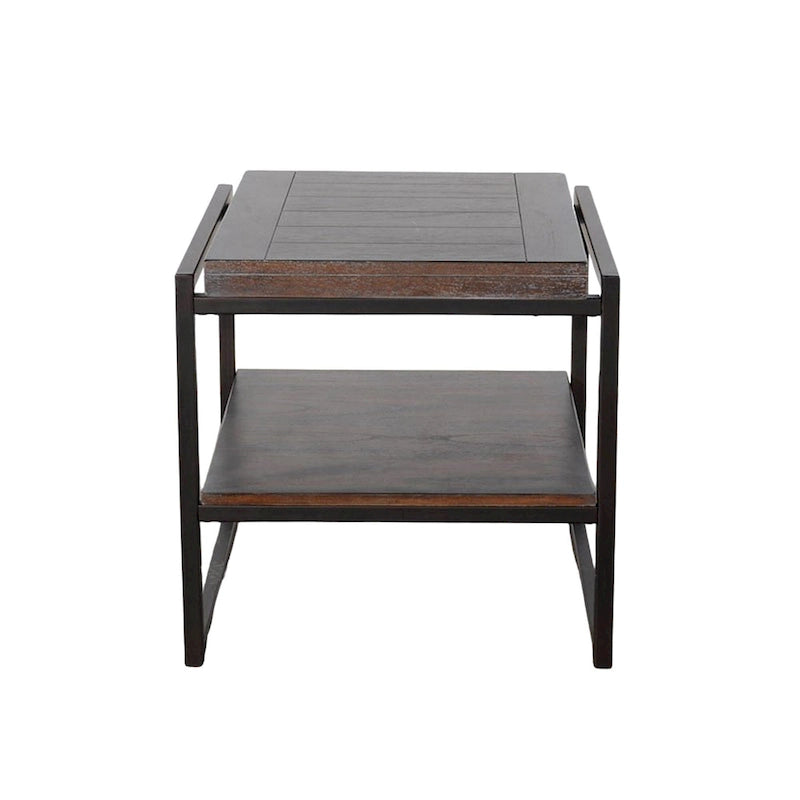 24-Inch Wood & Black Metal End Table with Lower Shelf, Dark Brown Finish