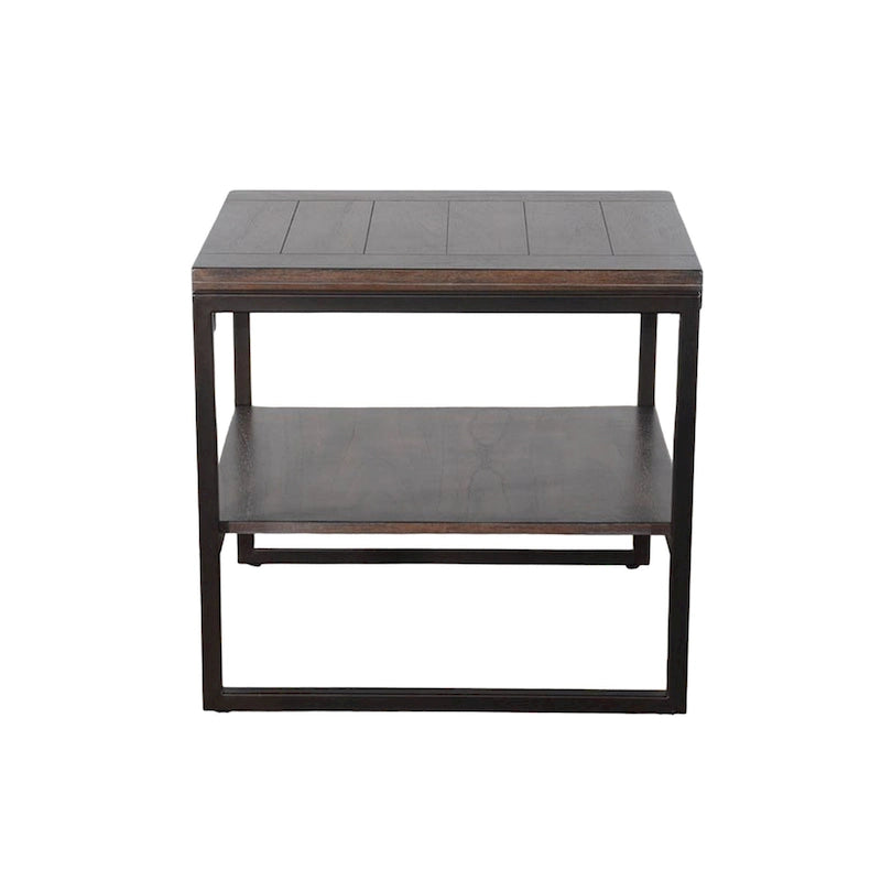 24-Inch Wood & Black Metal End Table with Lower Shelf, Dark Brown Finish