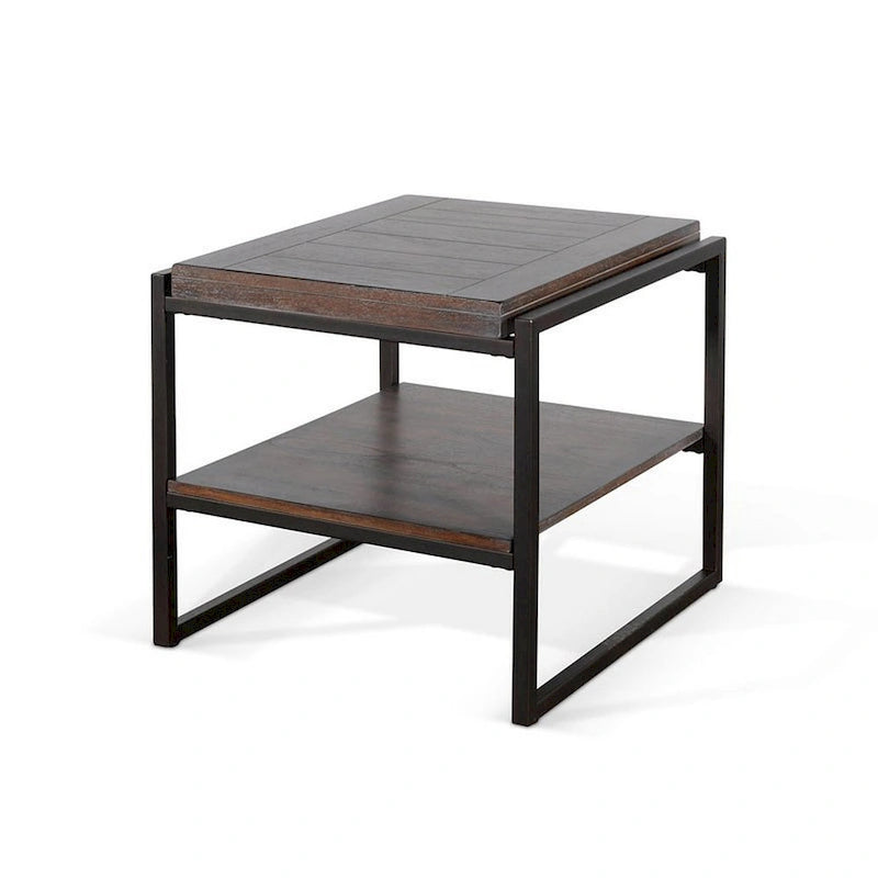 24-Inch Wood & Black Metal End Table with Lower Shelf, Dark Brown Finish