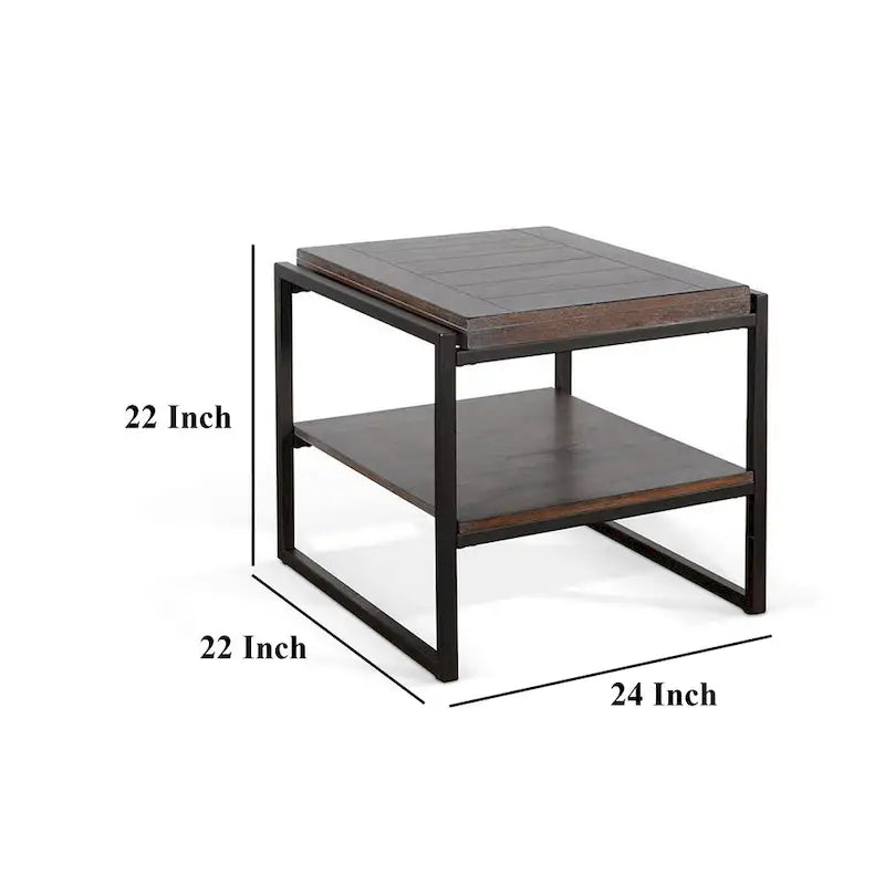 24-Inch Wood & Black Metal End Table with Lower Shelf, Dark Brown Finish