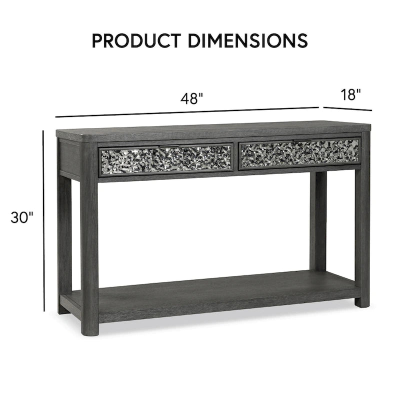 Modern Ash Grey Sofa Table with Hammered Steel Panels & Open Shelf