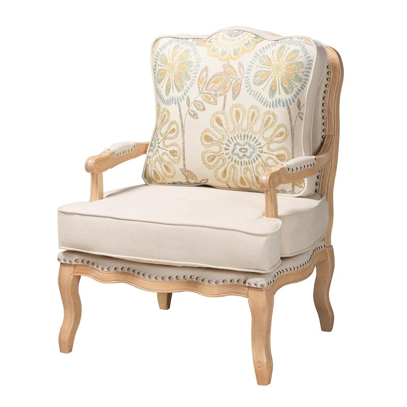 Traditional French-Style Accent Chair with Floral Cushion, Cabriole Legs & Nail Head Trim