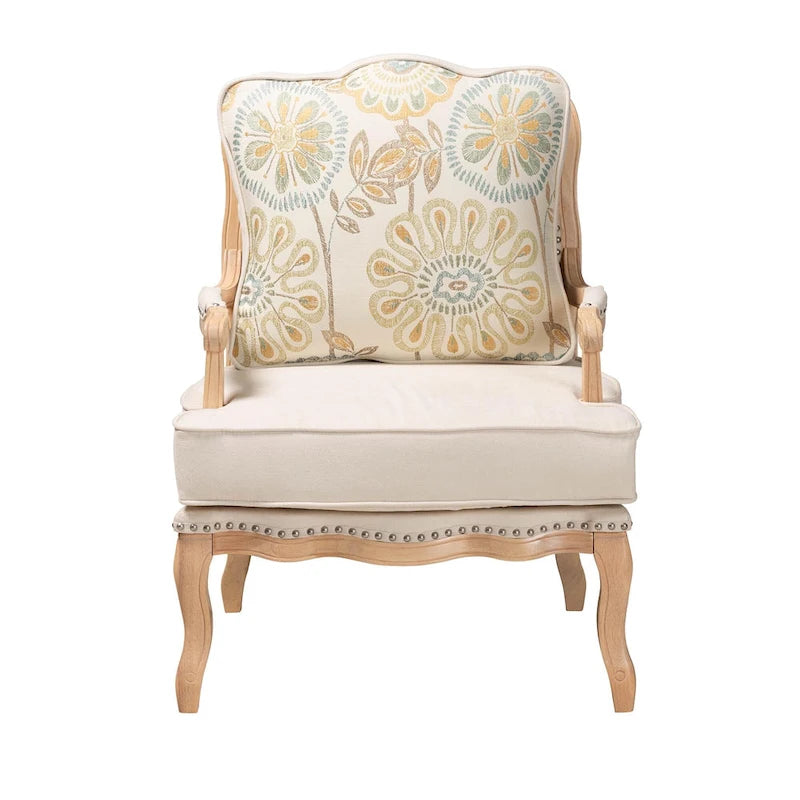 Traditional French-Style Accent Chair with Floral Cushion, Cabriole Legs & Nail Head Trim