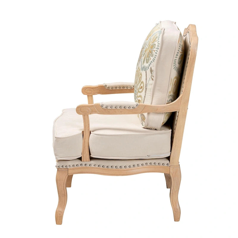 Traditional French-Style Accent Chair with Floral Cushion, Cabriole Legs & Nail Head Trim