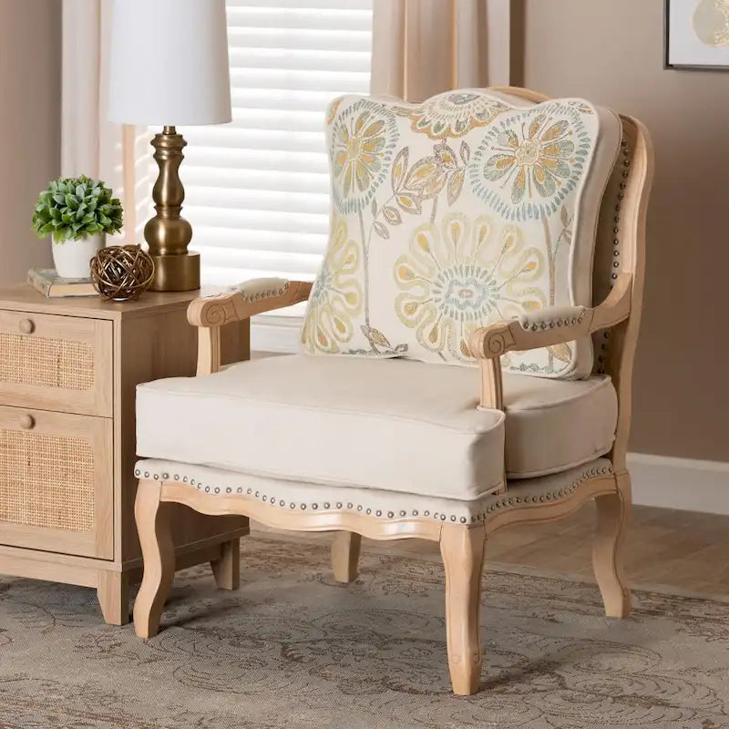 Traditional French-Style Accent Chair with Floral Cushion, Cabriole Legs & Nail Head Trim
