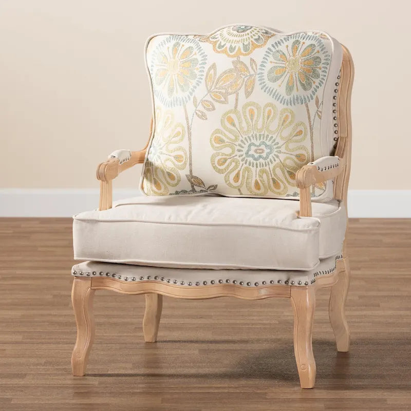 Traditional French-Style Accent Chair with Floral Cushion, Cabriole Legs & Nail Head Trim