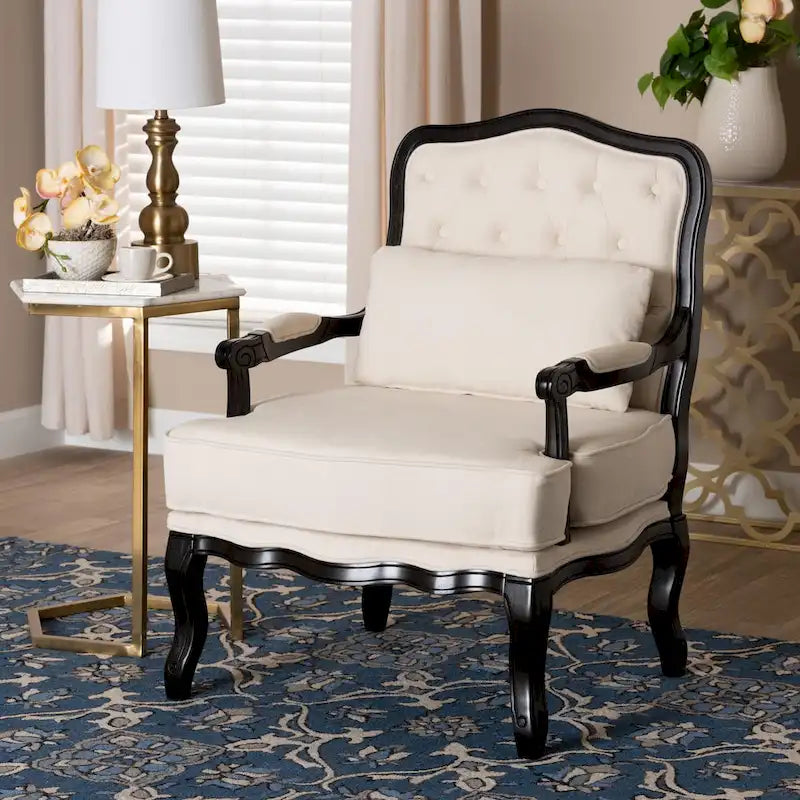 Traditional French-Style Accent Chair with Floral Cushion, Cabriole Legs & Nail Head Trim