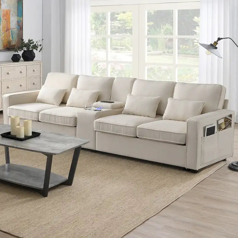4-Seat Upholstered Sofa with Center Console, Cup Holders, Storage Pockets & USB Wireless Charging