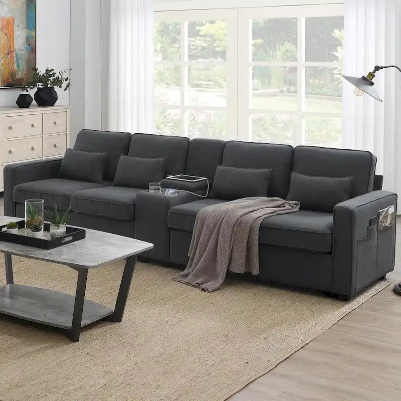 Upholstered Sofa with Console, 2 Cupholders and 2 USB Ports Wired or Wirelessly Charged