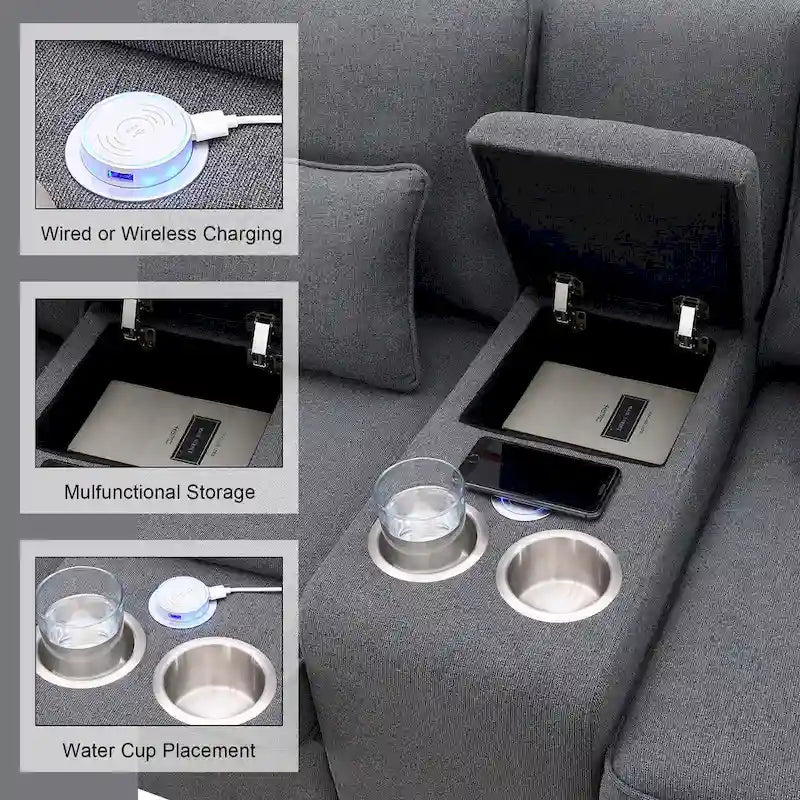 4-Seat Upholstered Sofa with Center Console, Cup Holders, Storage Pockets & USB Wireless Charging