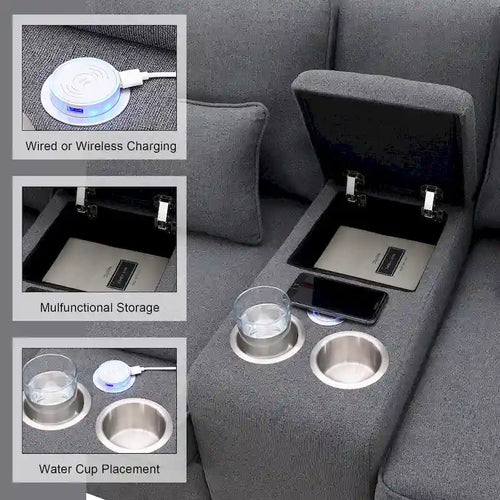 4-osobowa sofa tapicerowana z centralną konsolą, uchwytami na kubki, kieszeniami do przechowywania i bezprzewodowym ładowaniem USB