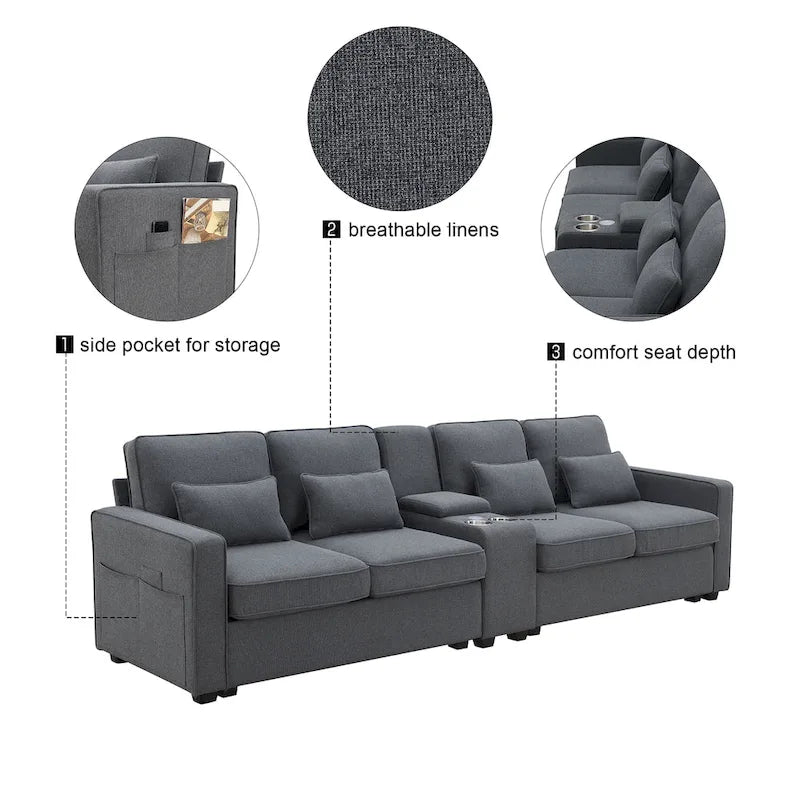 4-Seat Upholstered Sofa with Center Console, Cup Holders, Storage Pockets & USB Wireless Charging