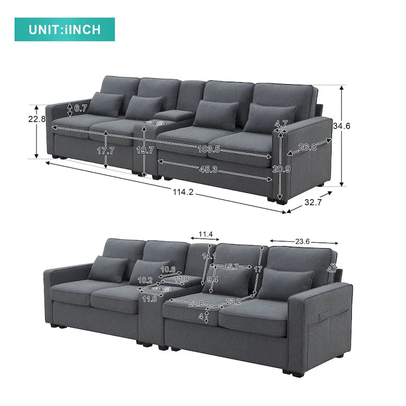 4-Seat Upholstered Sofa with Center Console, Cup Holders, Storage Pockets & USB Wireless Charging