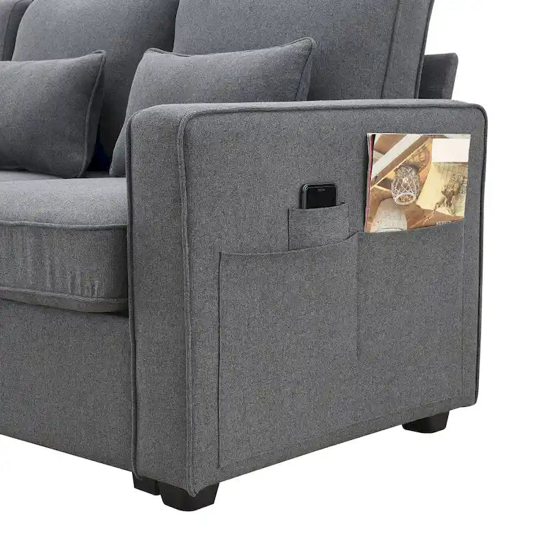 4-Seat Upholstered Sofa with Center Console, Cup Holders, Storage Pockets & USB Wireless Charging