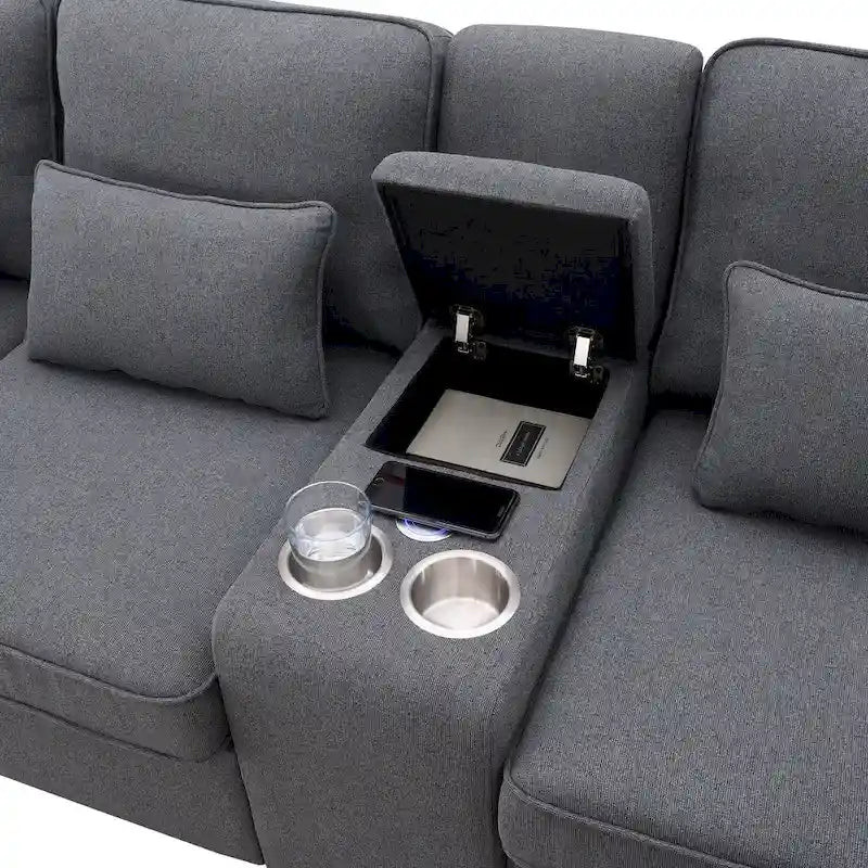 4-Seat Upholstered Sofa with Center Console, Cup Holders, Storage Pockets & USB Wireless Charging