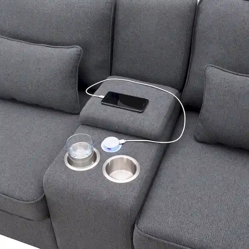 4-Seat Upholstered Sofa with Center Console, Cup Holders, Storage Pockets & USB Wireless Charging