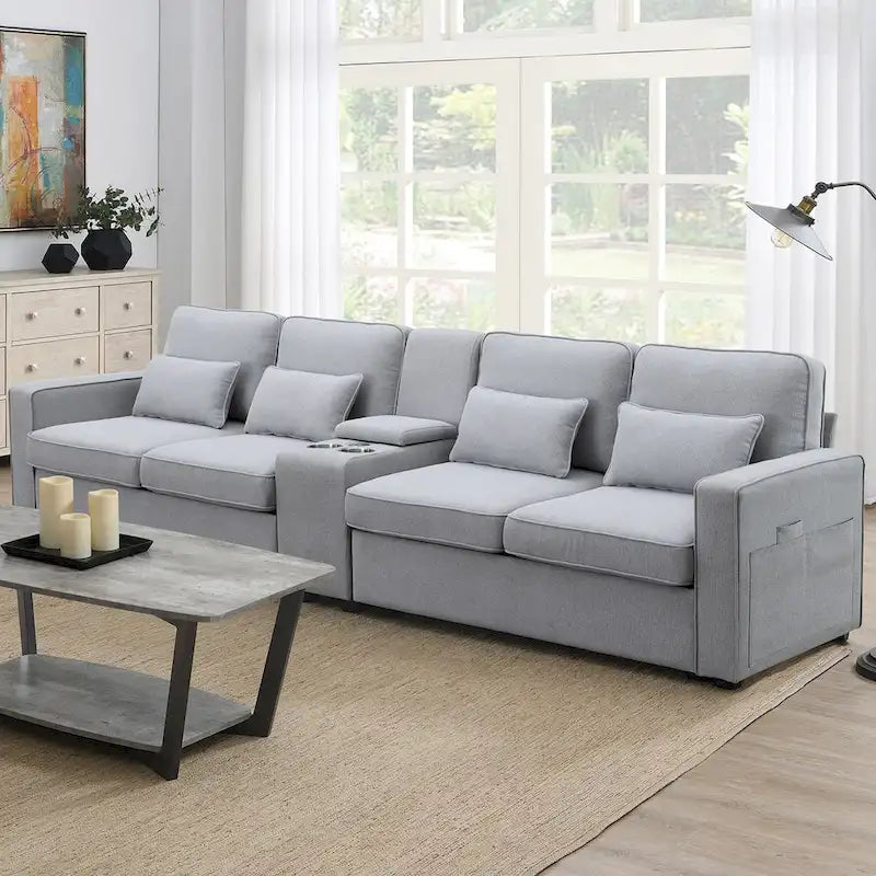 4-Seat Upholstered Sofa with Center Console, Cup Holders, Storage Pockets & USB Wireless Charging