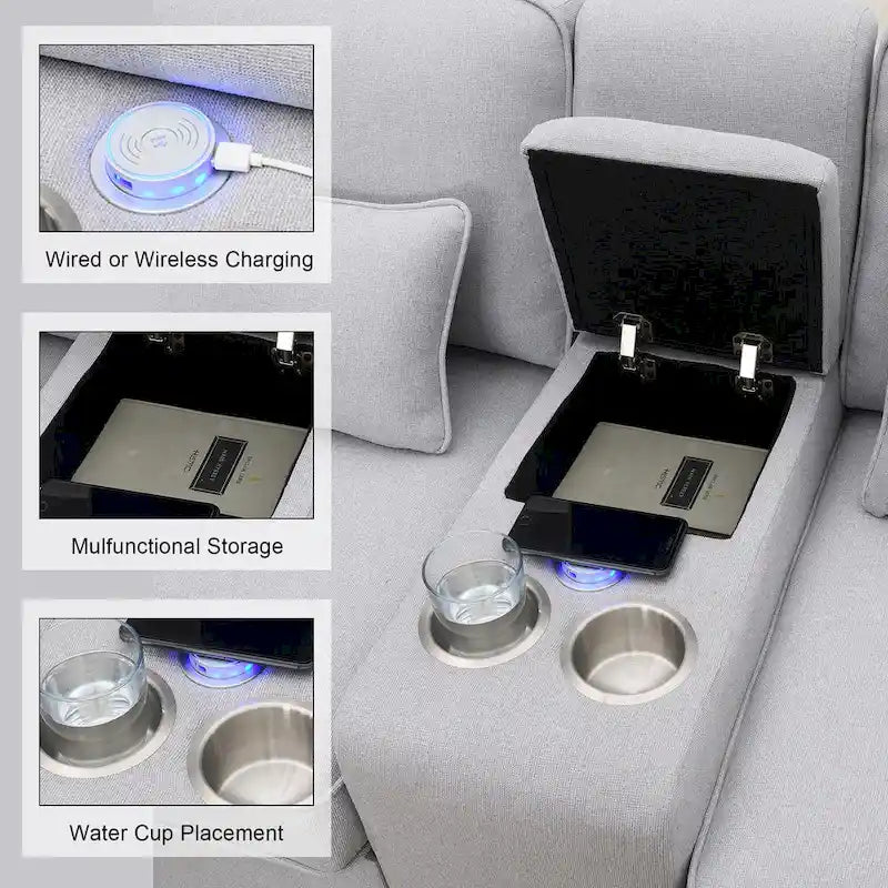 4-Seat Upholstered Sofa with Center Console, Cup Holders, Storage Pockets & USB Wireless Charging