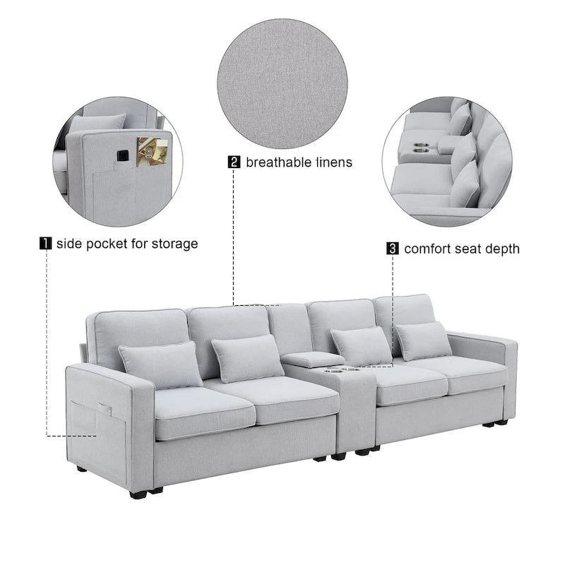 4-Seat Upholstered Sofa with Center Console, Cup Holders, Storage Pockets & USB Wireless Charging