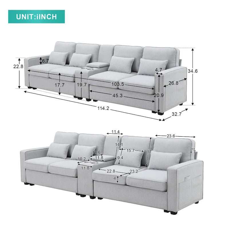 4-Seat Upholstered Sofa with Center Console, Cup Holders, Storage Pockets & USB Wireless Charging