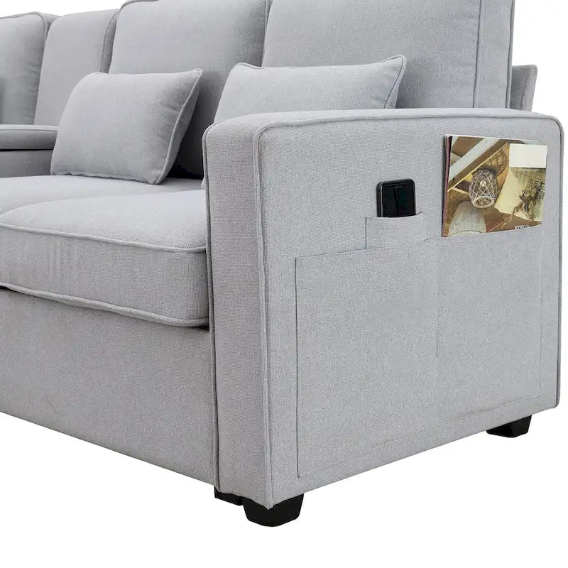 4-Seat Upholstered Sofa with Center Console, Cup Holders, Storage Pockets & USB Wireless Charging