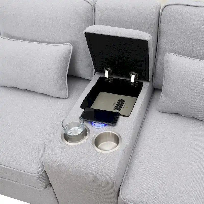 4-Seat Upholstered Sofa with Center Console, Cup Holders, Storage Pockets & USB Wireless Charging
