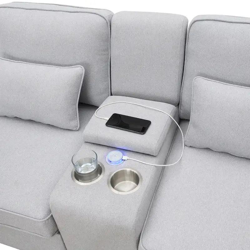 4-Seat Upholstered Sofa with Center Console, Cup Holders, Storage Pockets & USB Wireless Charging