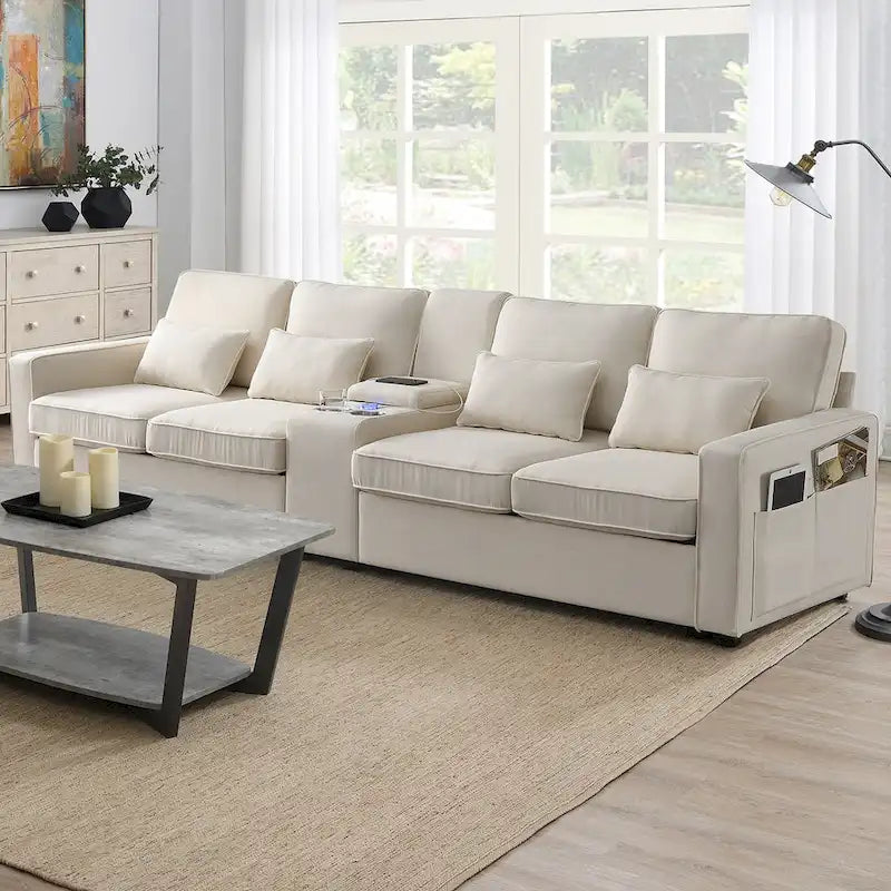 4-Seat Upholstered Sofa with Center Console, Cup Holders, Storage Pockets & USB Wireless Charging