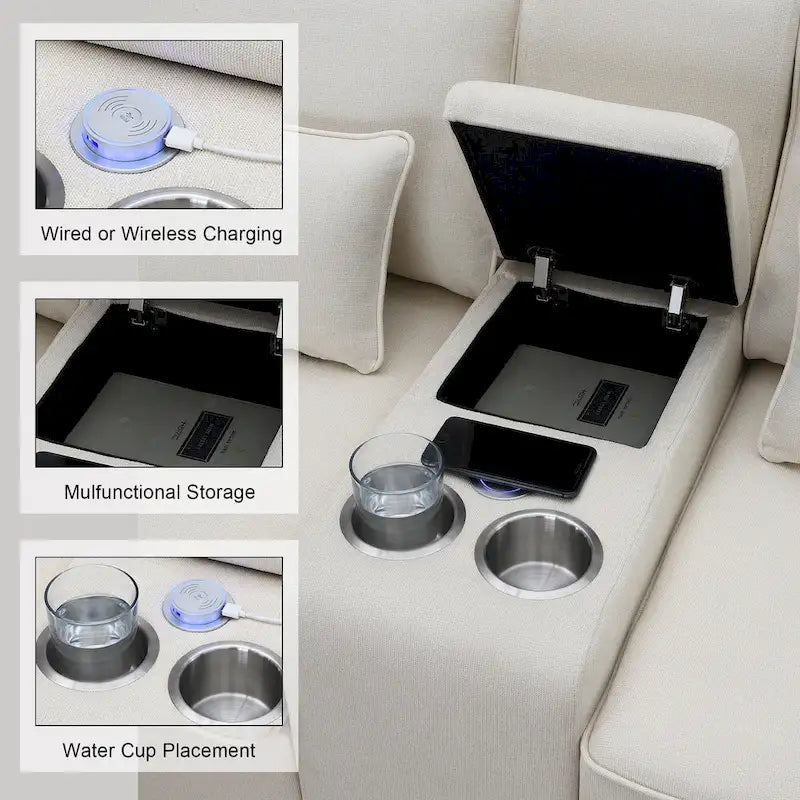 4-Seat Upholstered Sofa with Center Console, Cup Holders, Storage Pockets & USB Wireless Charging