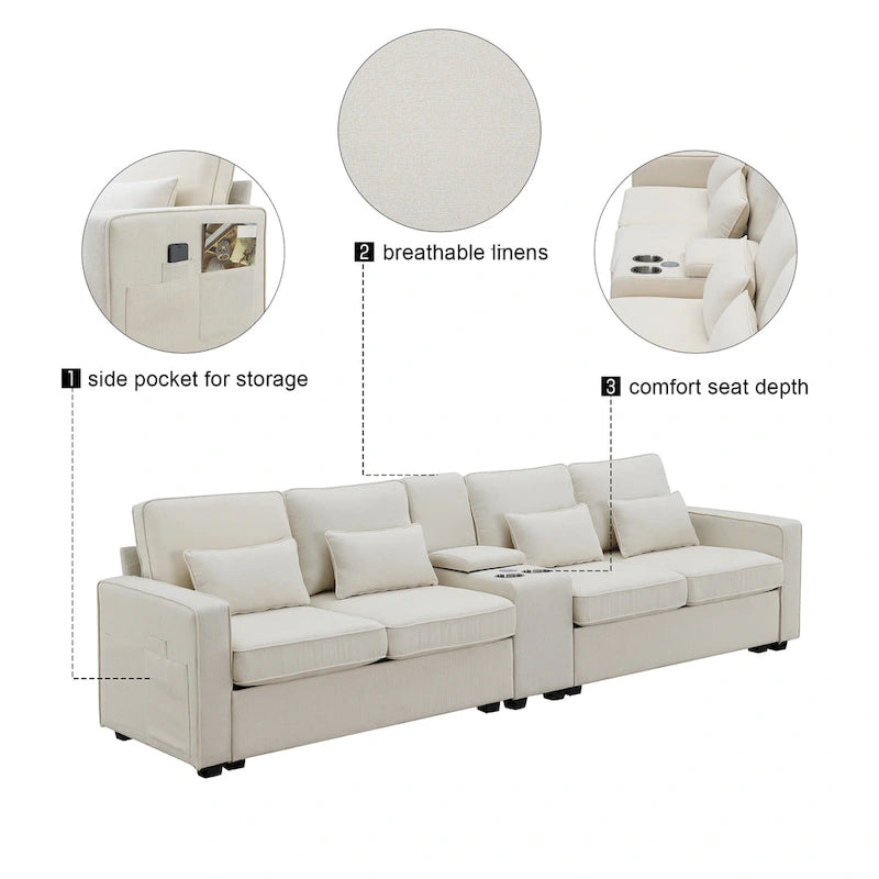4-Seat Upholstered Sofa with Center Console, Cup Holders, Storage Pockets & USB Wireless Charging