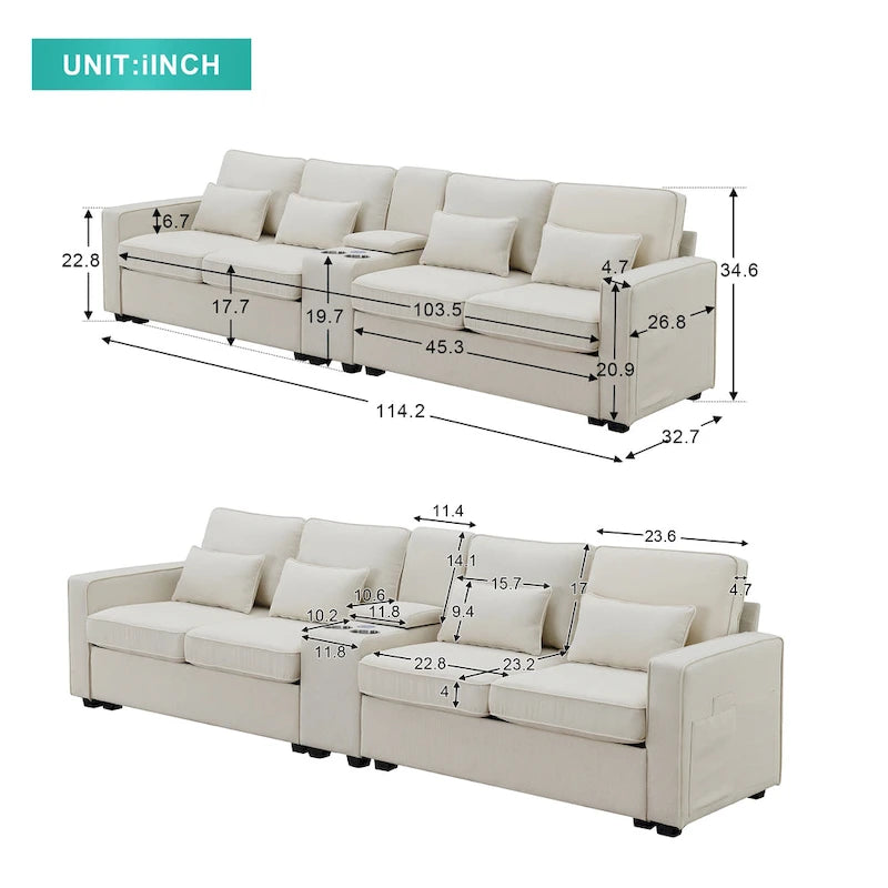 4-Seat Upholstered Sofa with Center Console, Cup Holders, Storage Pockets & USB Wireless Charging