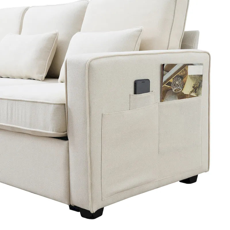 4-Seat Upholstered Sofa with Center Console, Cup Holders, Storage Pockets & USB Wireless Charging