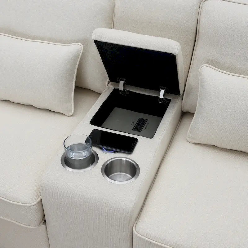 4-Seat Upholstered Sofa with Center Console, Cup Holders, Storage Pockets & USB Wireless Charging