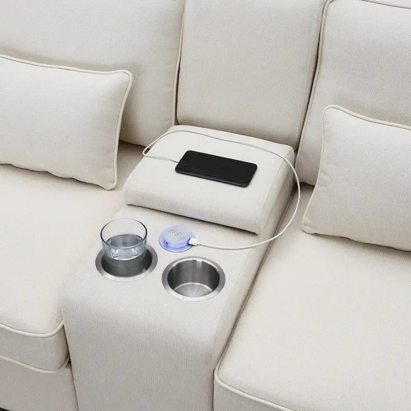 4-Seat Upholstered Sofa with Center Console, Cup Holders, Storage Pockets & USB Wireless Charging