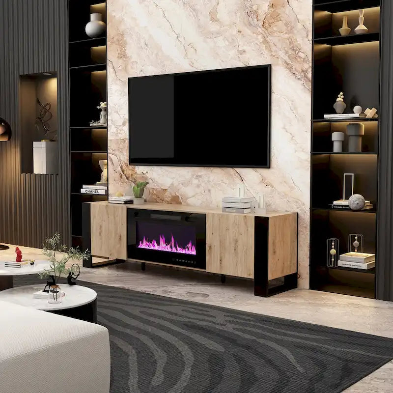 Wood Grain TV Stand with Optional Electric Fireplace: Cable Management